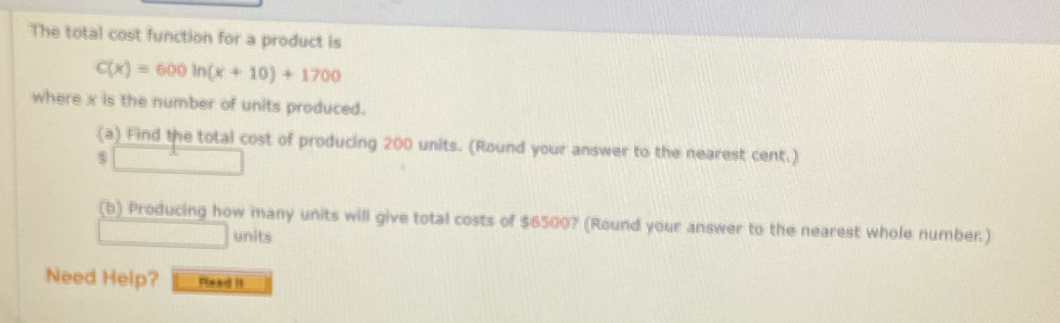 The total cost function for a product is C(x) = 600