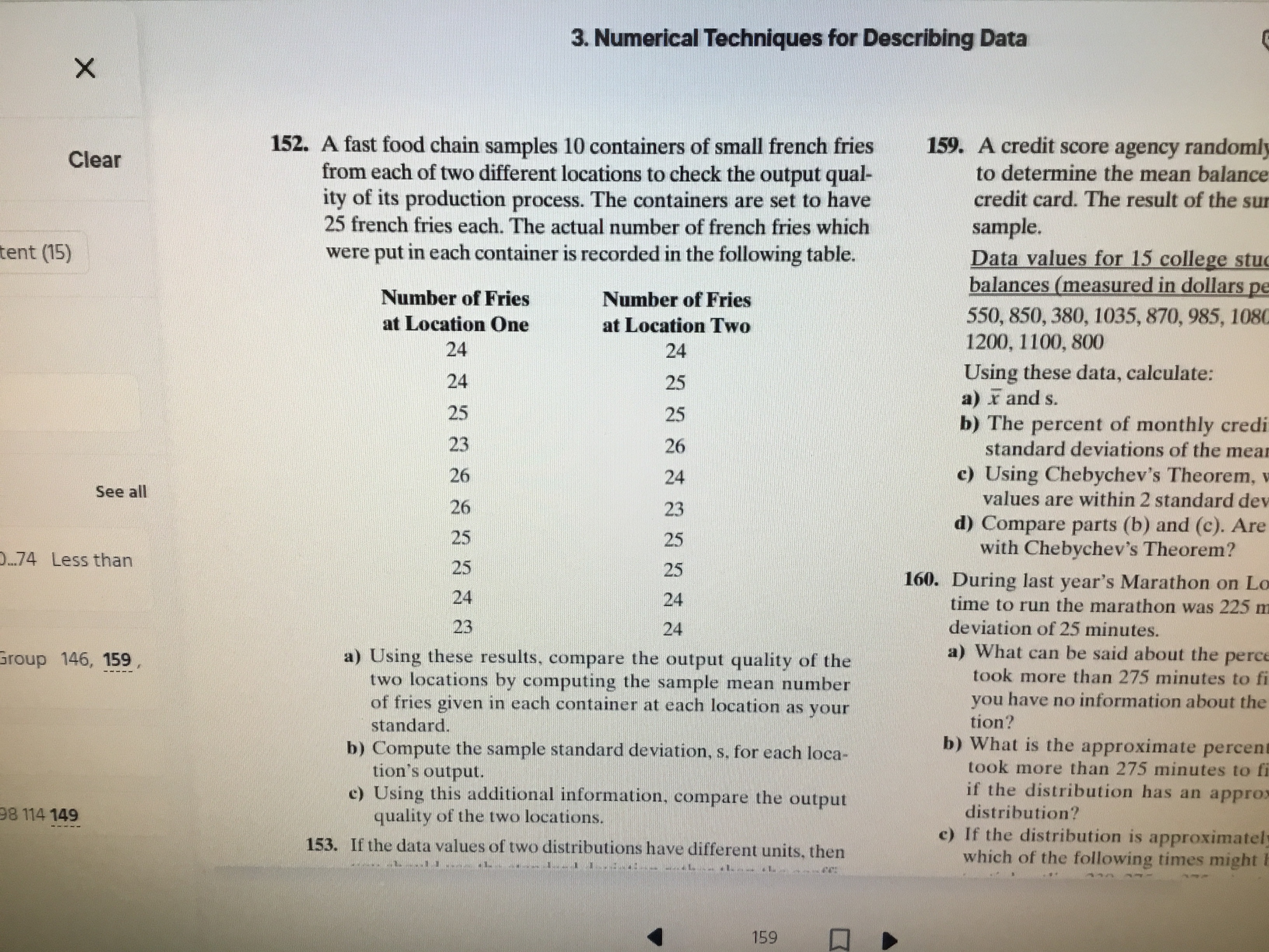 3. Numerical Techniques for Describing Data X 152. A fast food
