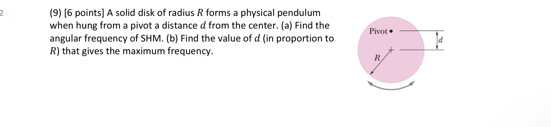  (9) [6 points] A solid disk of radius R forms a