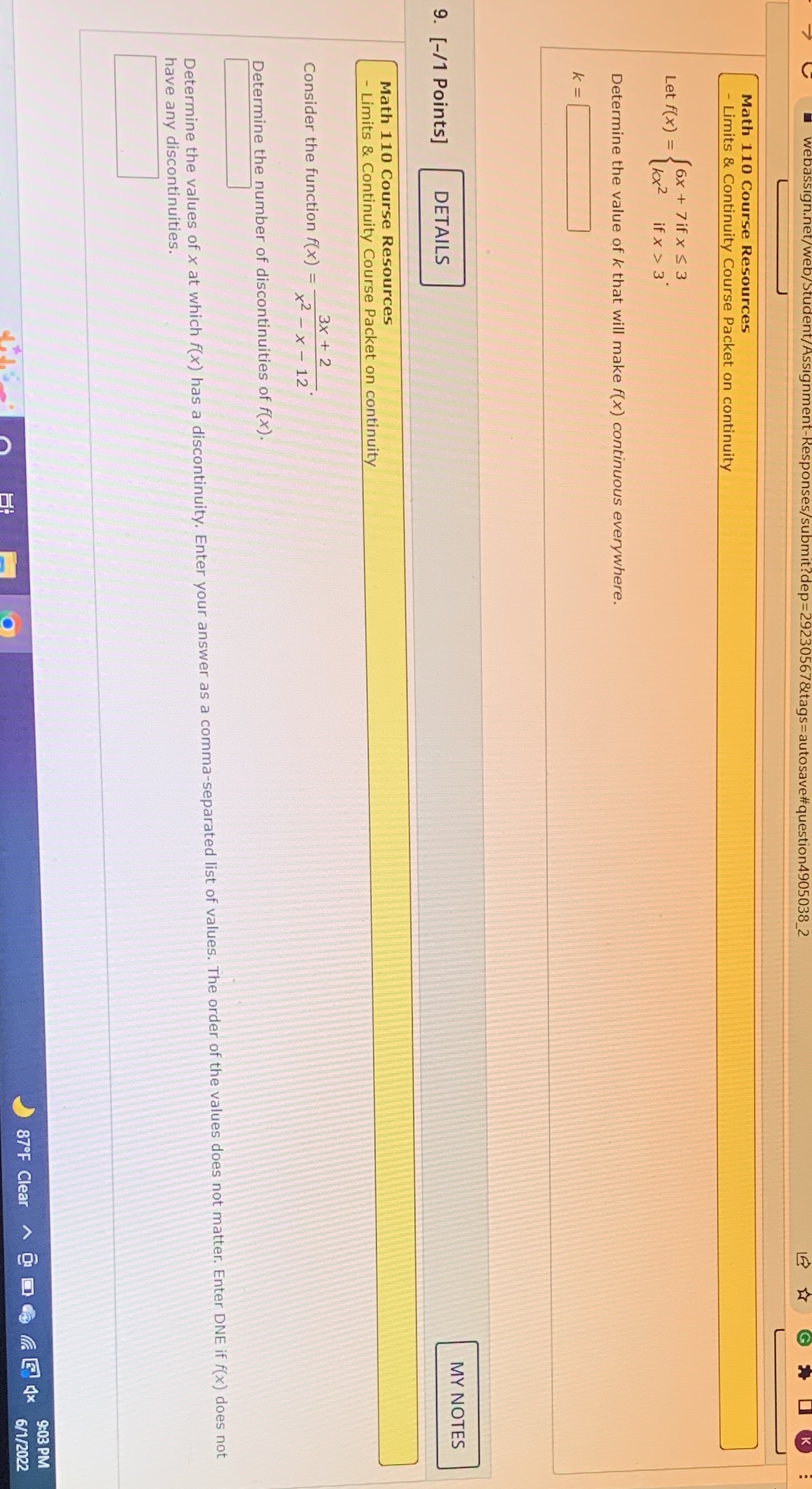  Math 110 Course Resources - Limits & Continuity Course Packet on