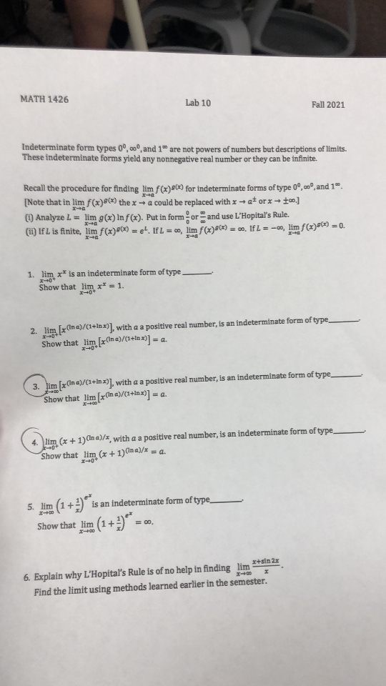 MATH 1426 Lab 10 Fan 2021 Indeterminate form 00. MO, and 1m