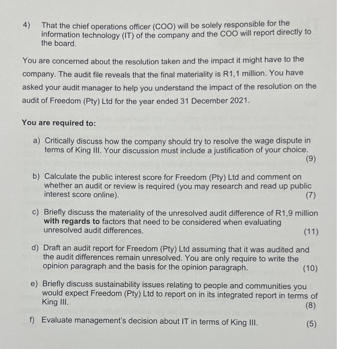 are the audit senior of Freedom (Pty) Ltd, a platinum mining company