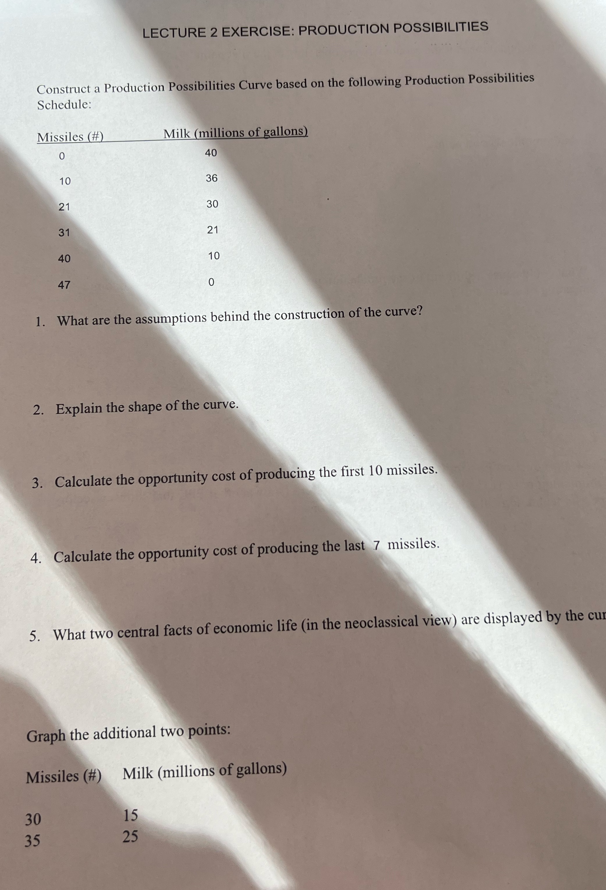 LECTURE 2 EXERCISE: PRODUCTION POSSIBILITIES Construct a Production Possibilities Curve based