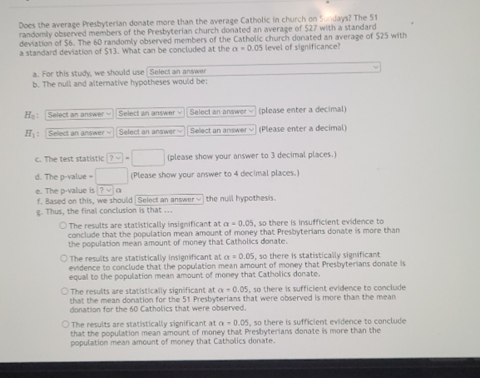 help quick Does the average Presbyterian donate more than the average Catholic