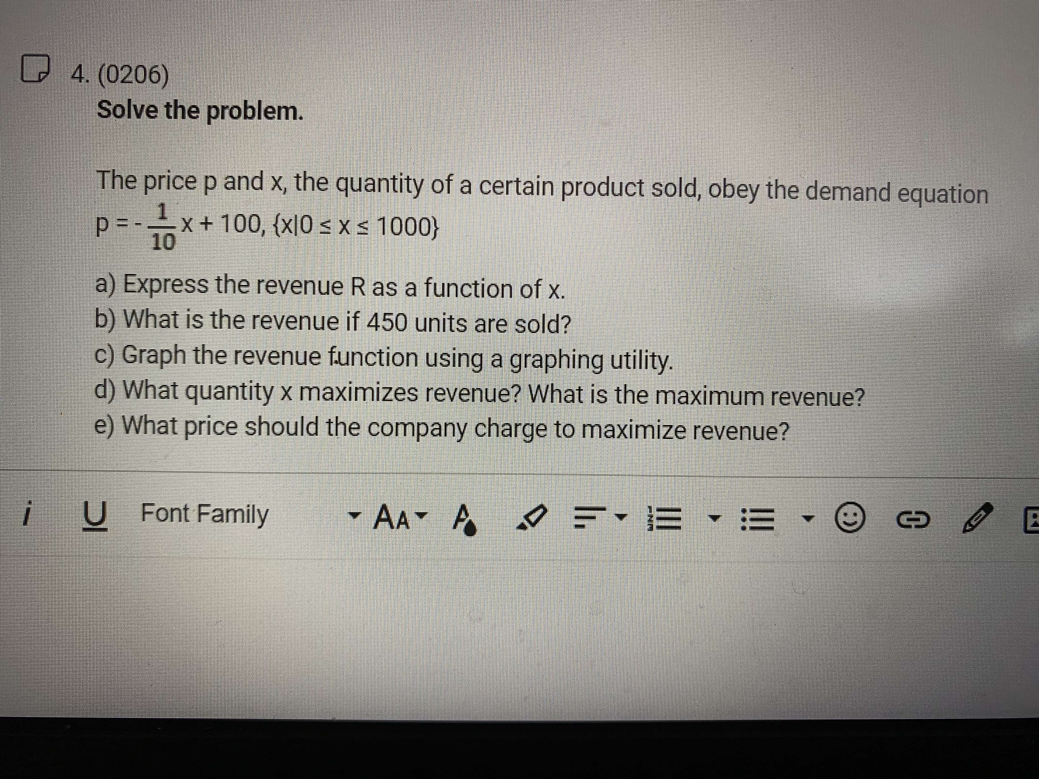 4. (0206) Solve the problem. The price p and x, the