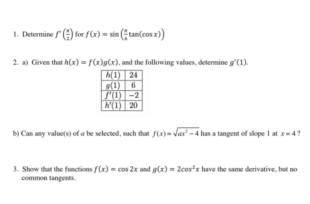 PLEASE HELP WITH MY DERIVATIVEs FULL EXPLANATIONS PLEASE 1. Determine f' )