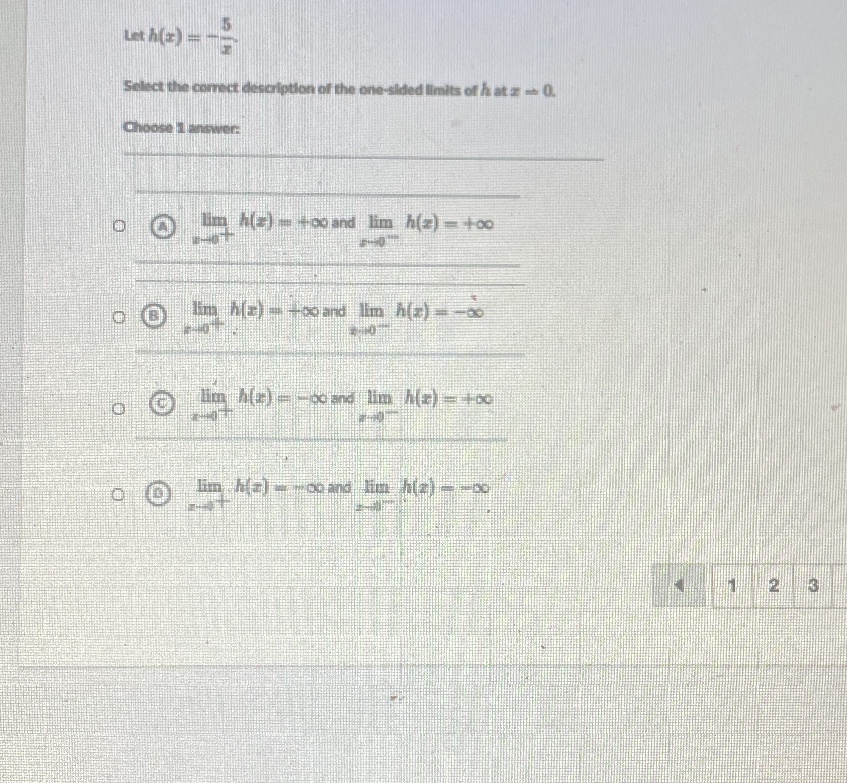 Let A() - Select the correct de the one-sided limits of