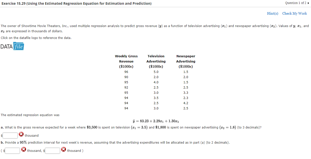  Exercise 15.29 (Using the Estimated Regression Equation for Estimation and Prediction)