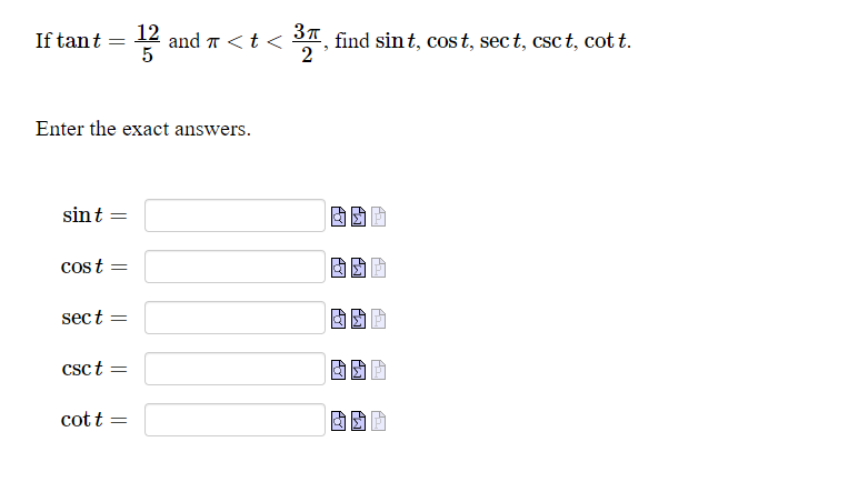 If tan t 12 and T < t < , find Sint,