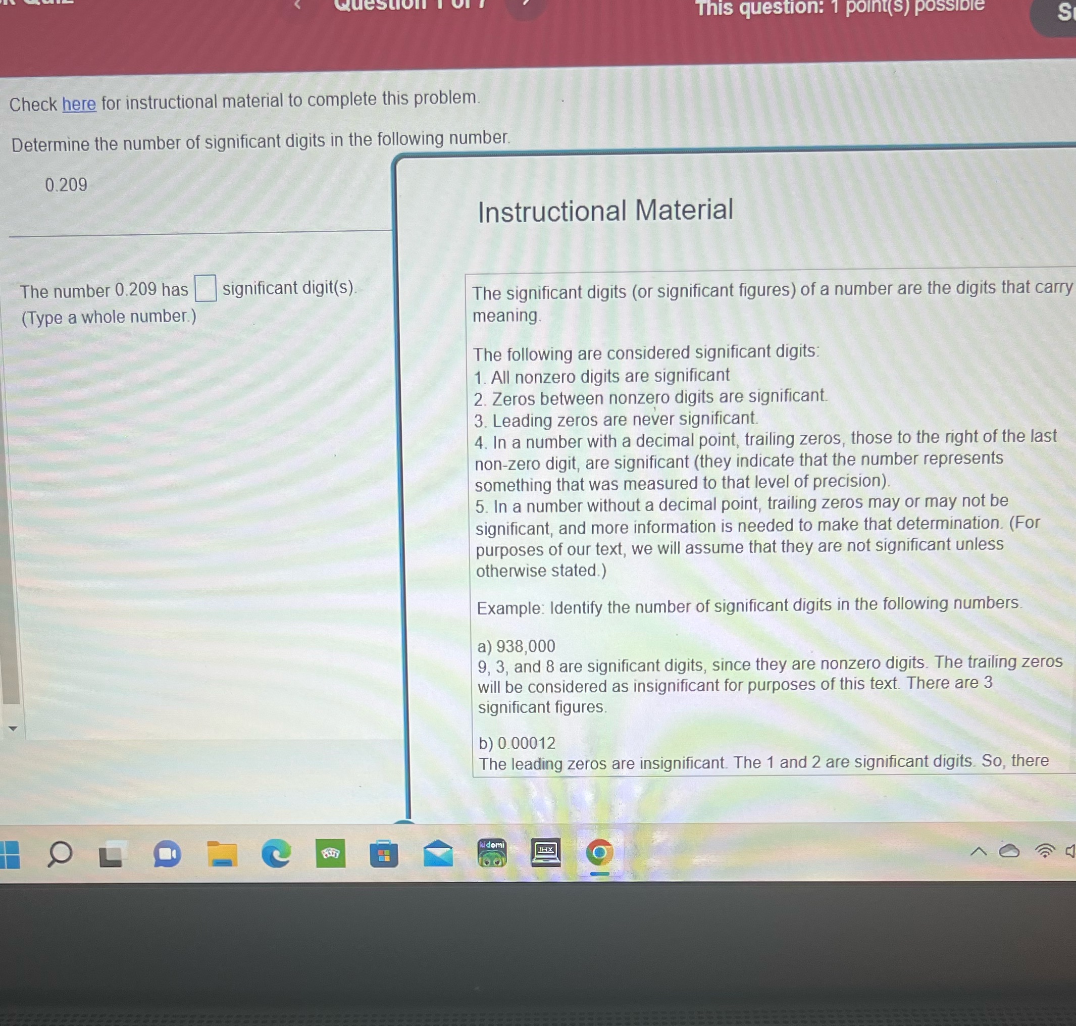 This question: 1 point(s) possible Check here for instructional material to