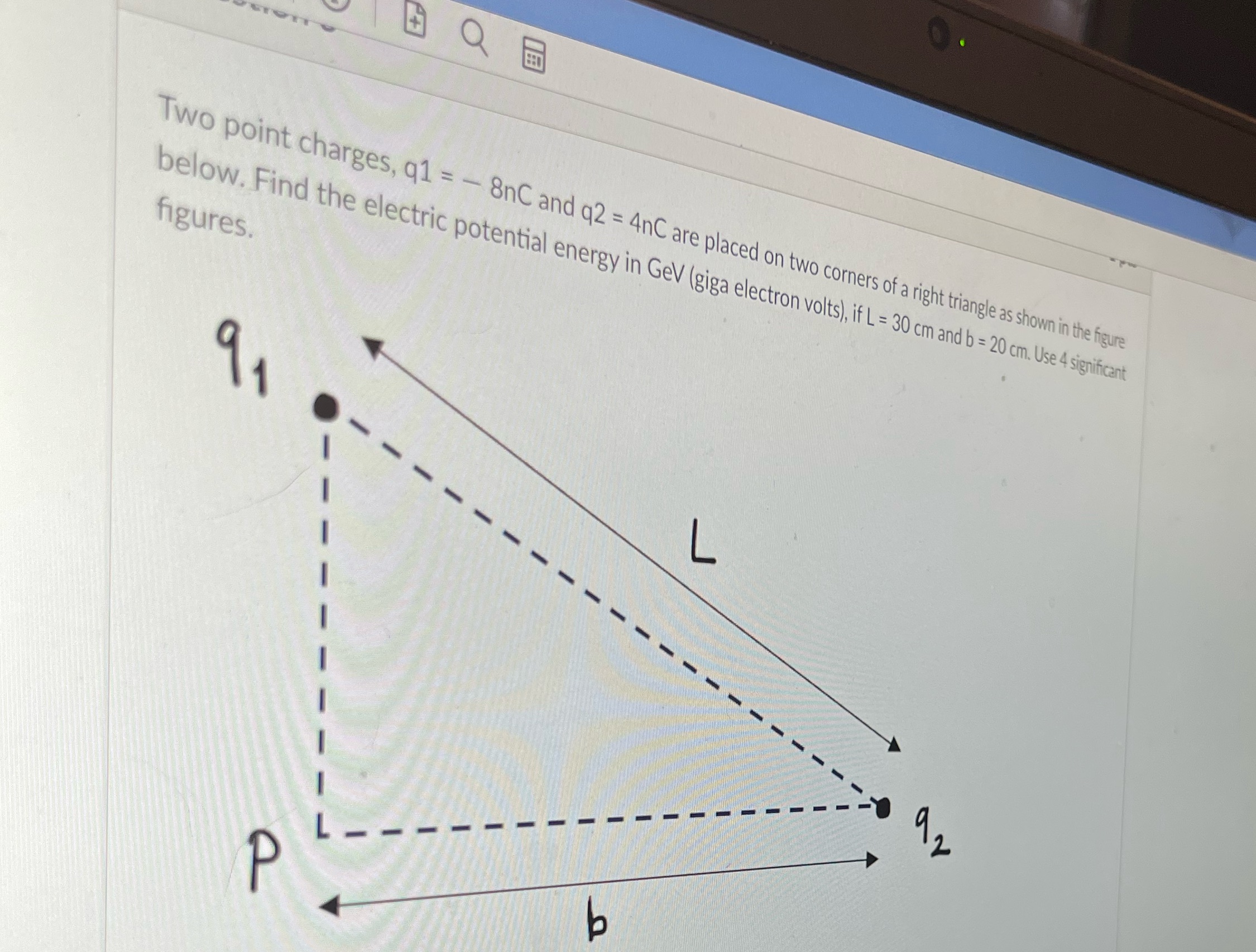 Two point charges, q1 = - 8nC and q2 = 4nC
