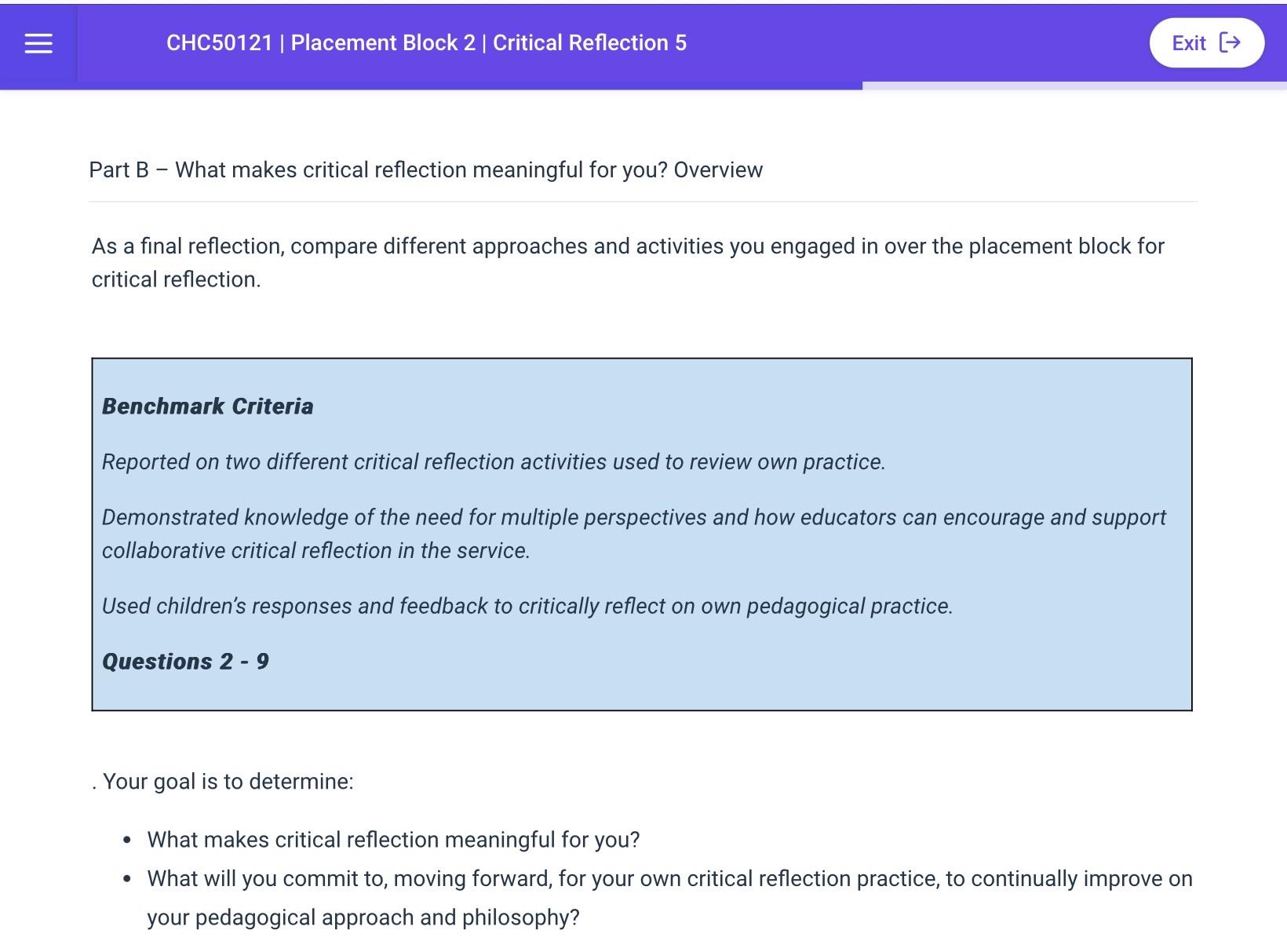  CHC50121 | Placement Block 2 | Critical Reflection 5 Exit [>