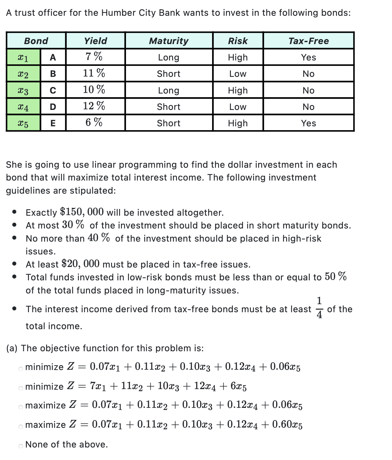linear programming statistics question A trust officer for the Humber City Bank