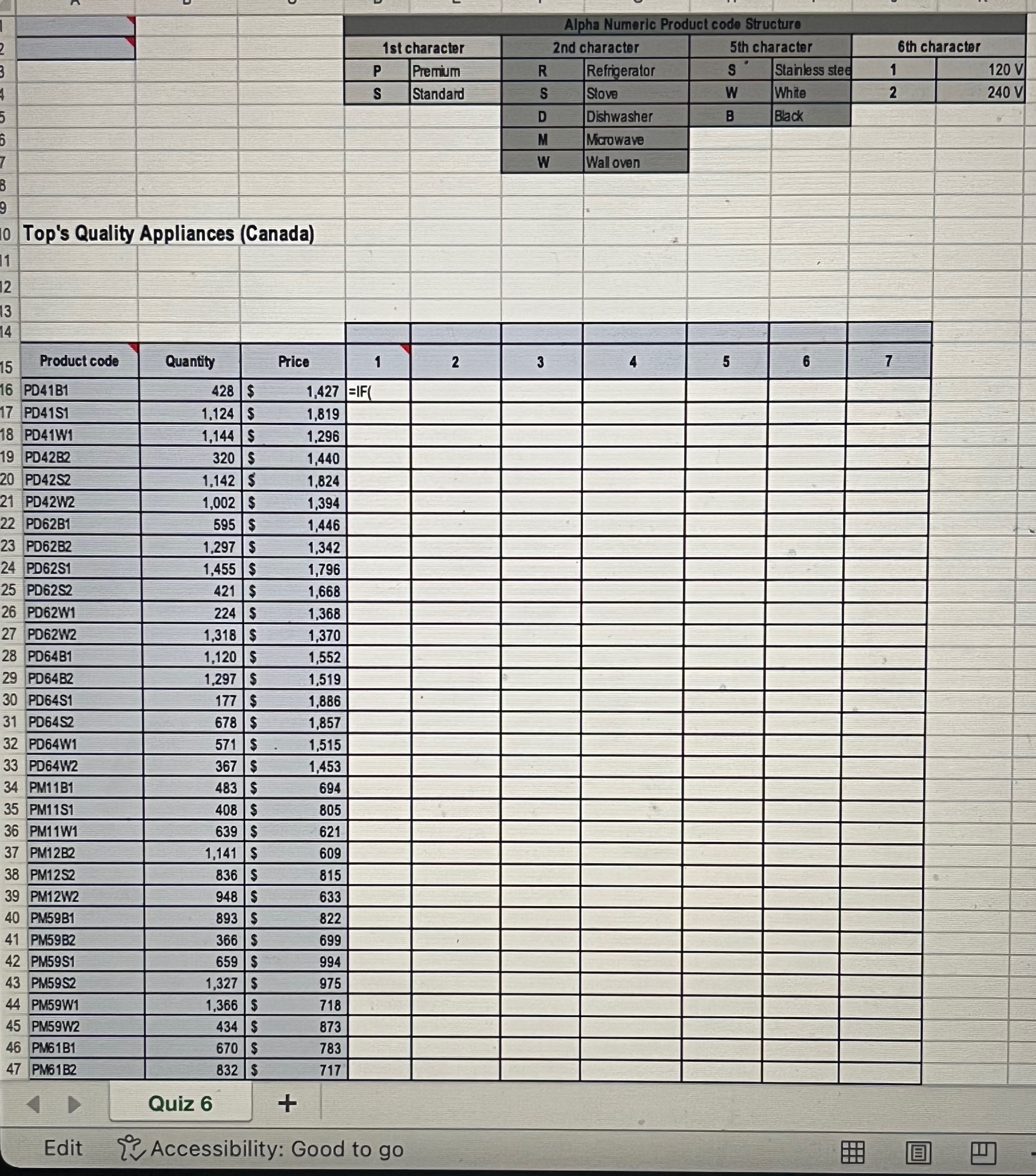 In D16: Use the product code breakdown provided at the top of