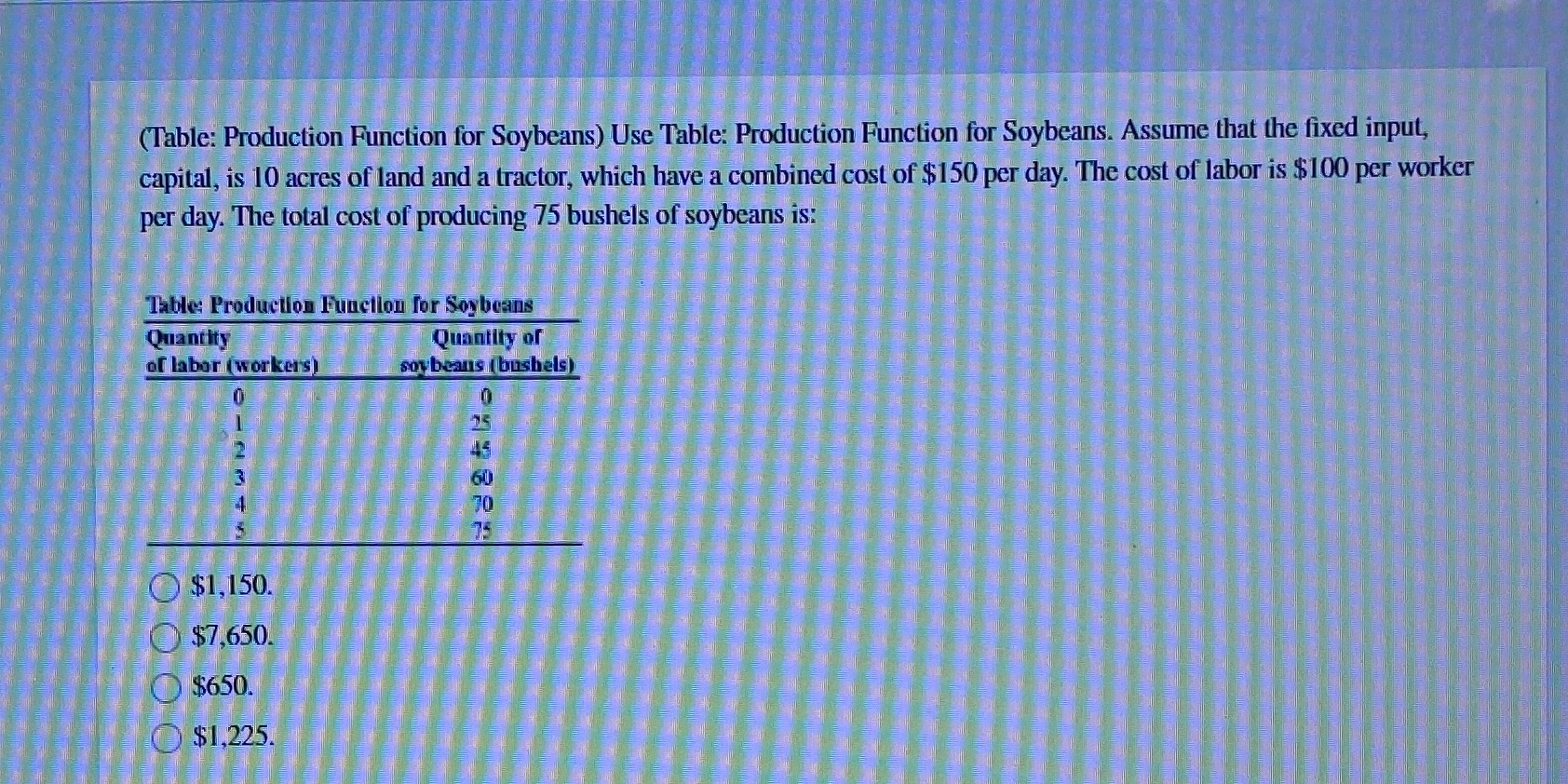 (Table: Production Function for Soybeans) Use Table: Production Function for Soybeans.
