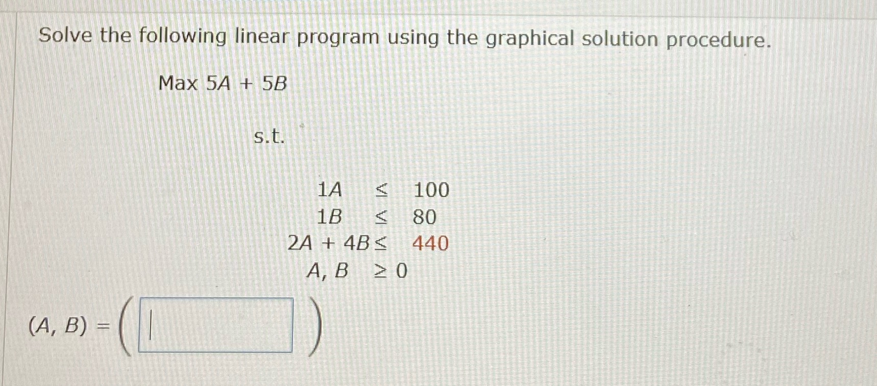  Solve the following linear program using the graphical solution procedure. Max