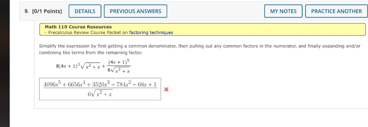  9. [0/1 Points] DETAILS PREVIOUS ANSWERS MY NOTES PRACTICE ANOTHER Math