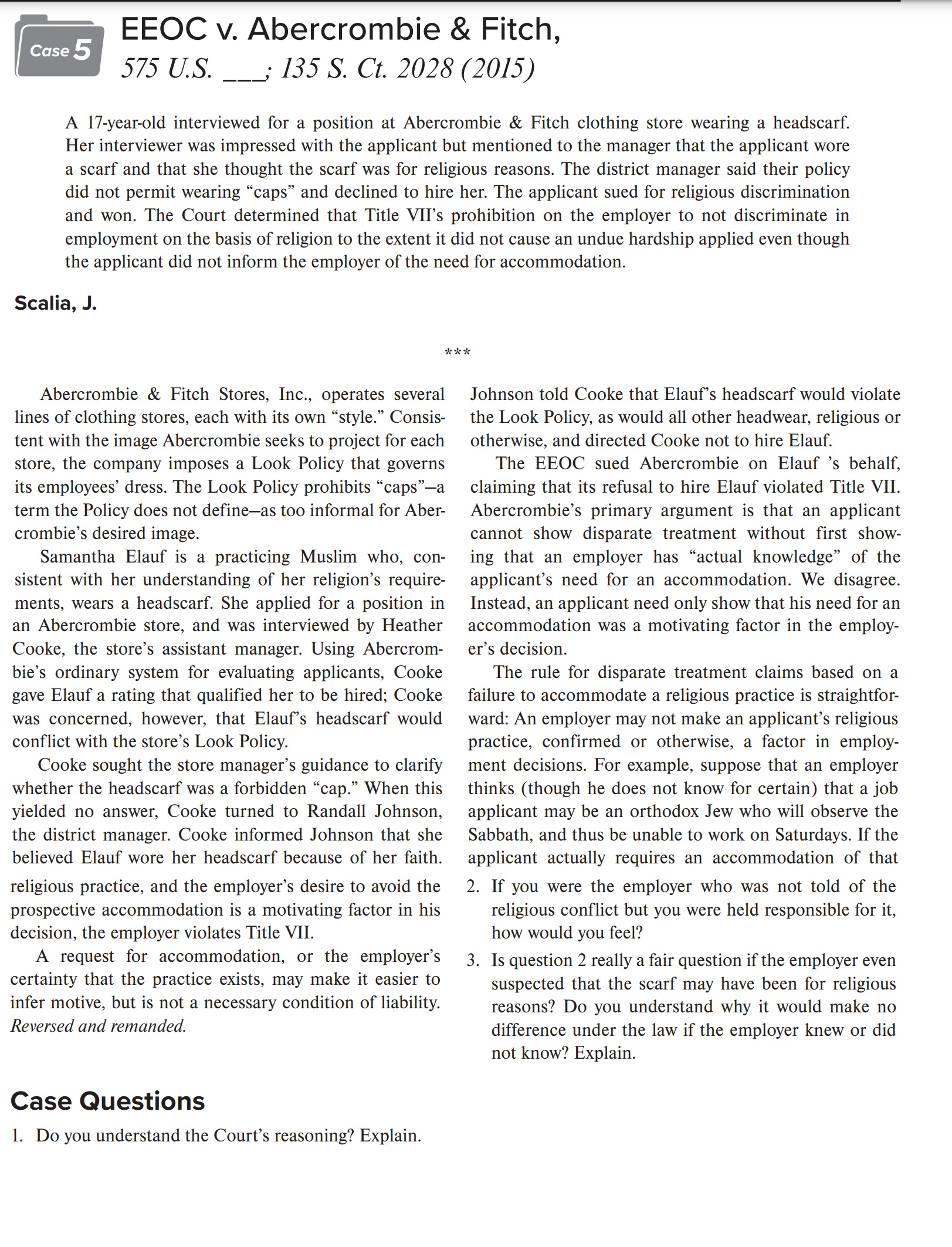 ANSWER QUESTION 1 FIRST AND THEN READ THE TEXT "EEOC V. ABERCROMBIE