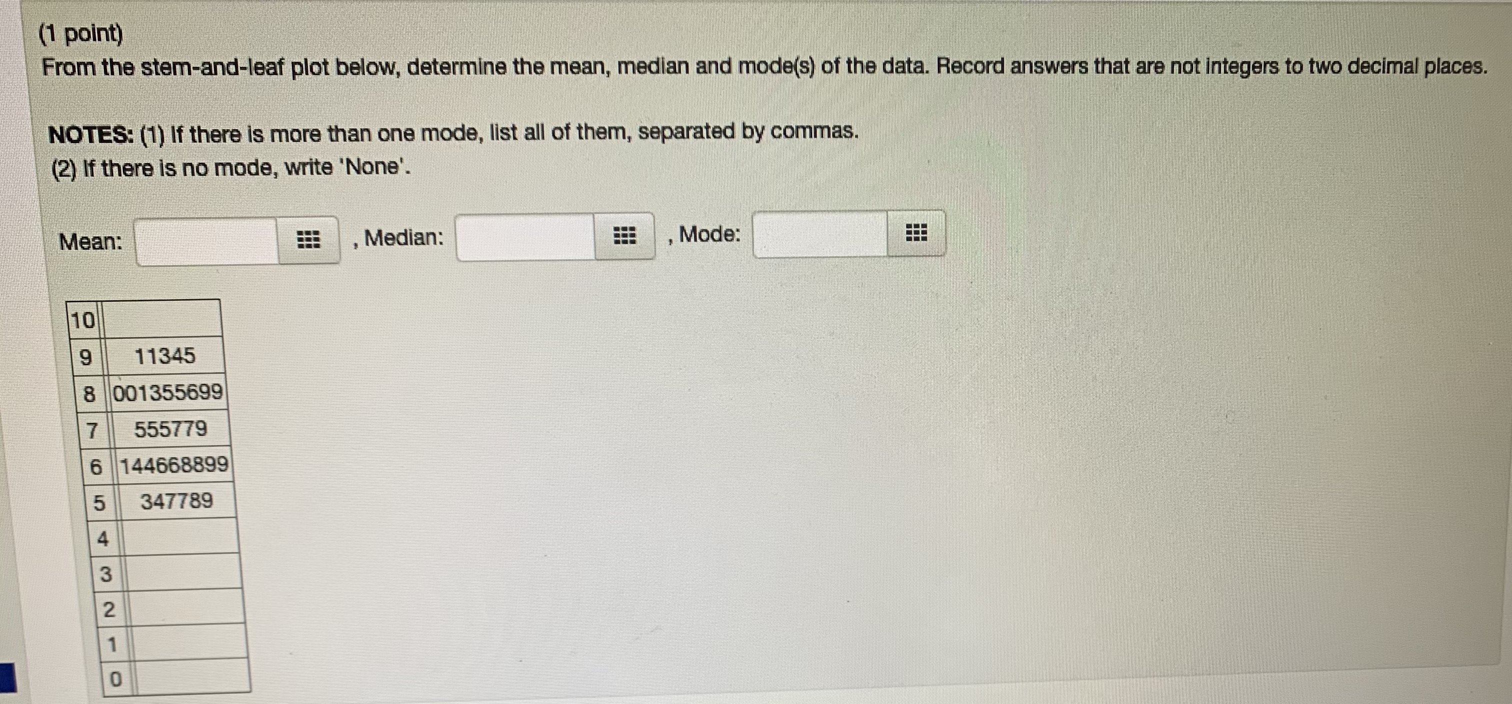 (1 point) From the stem-and-leaf plot below, determine the mean, median