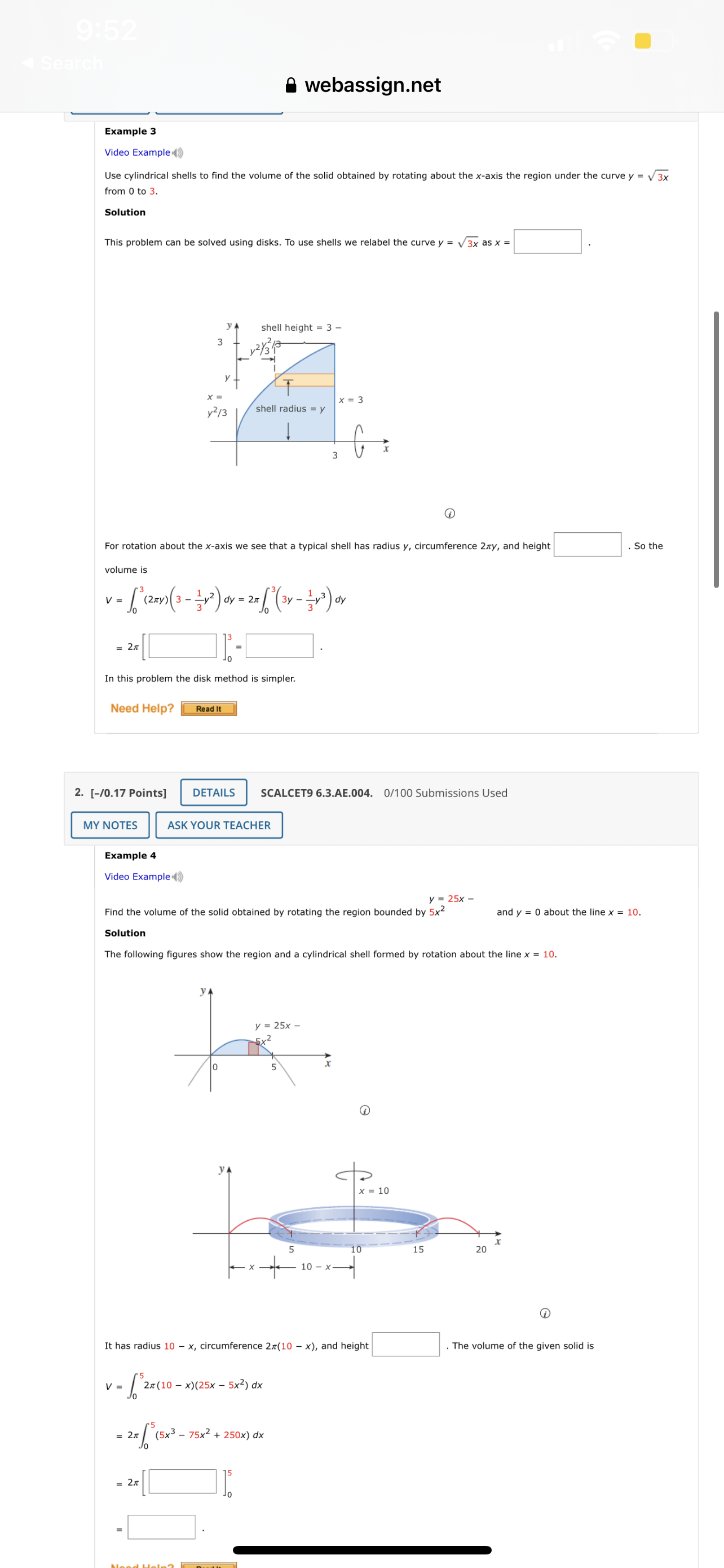 9:52 webassign.net Example 3 Video Example () Use cylindrical shells to
