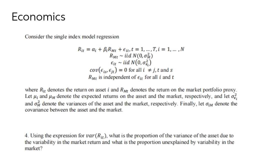  Economics Consider the single index model regression R" = a; +313";