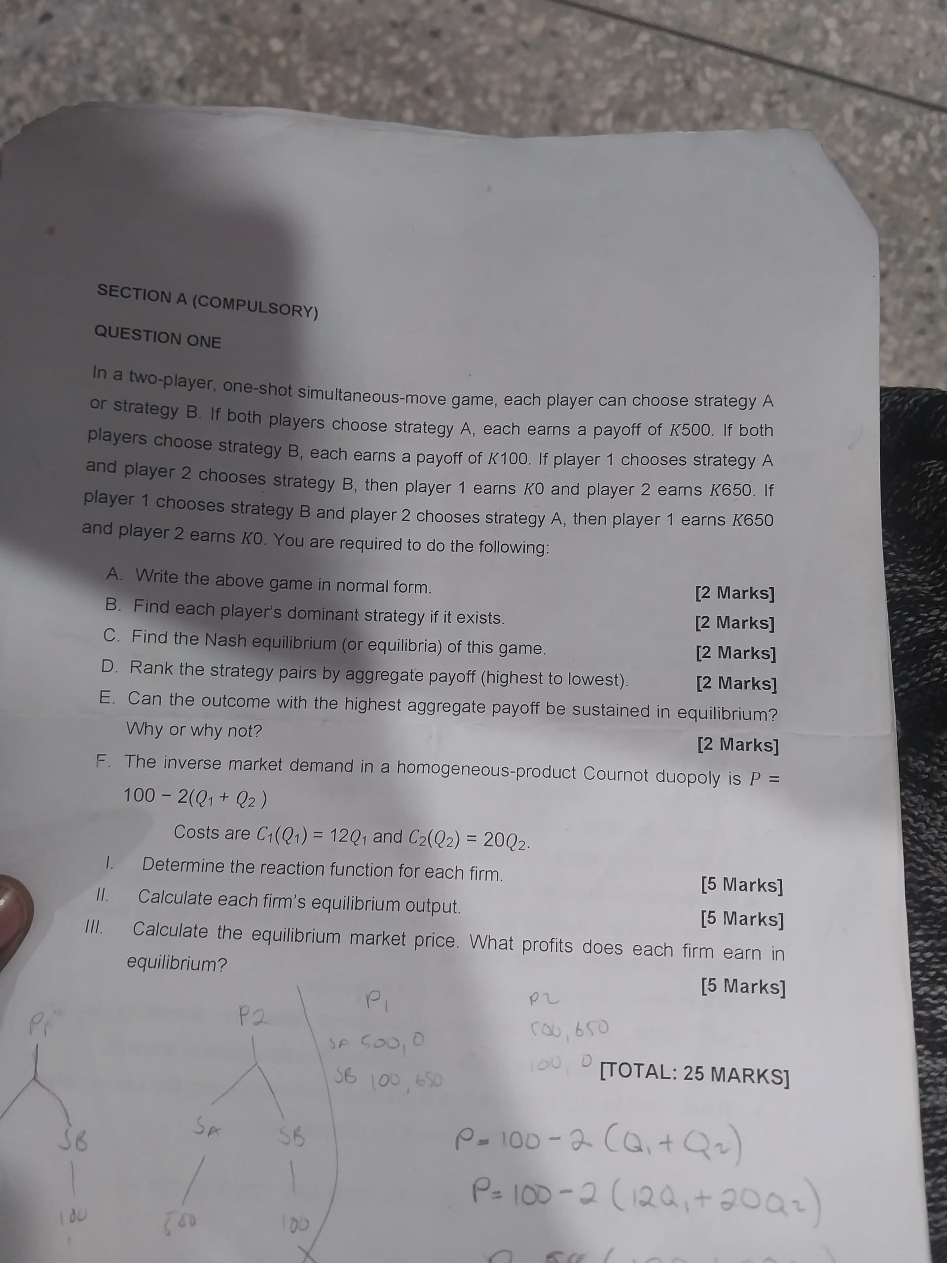 SECTION A (COMPULSORY) QUESTION ONE In a two-player, one-shot simultaneous-move game,