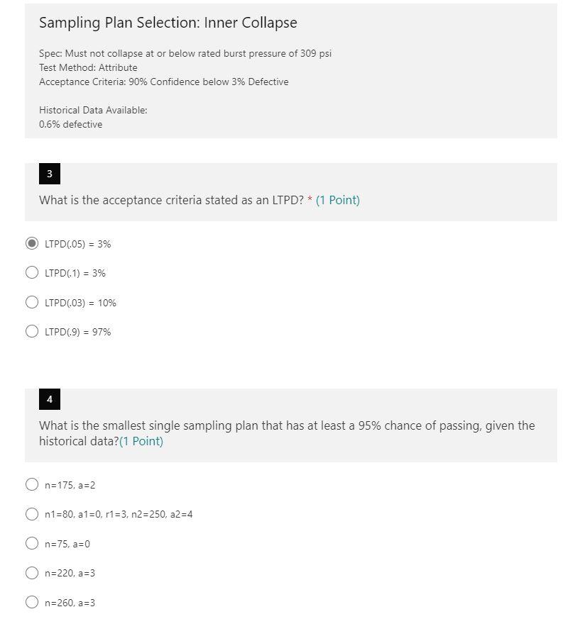  Sampling Plan Selection: Inner Collapse Spec: Must not collapse at or