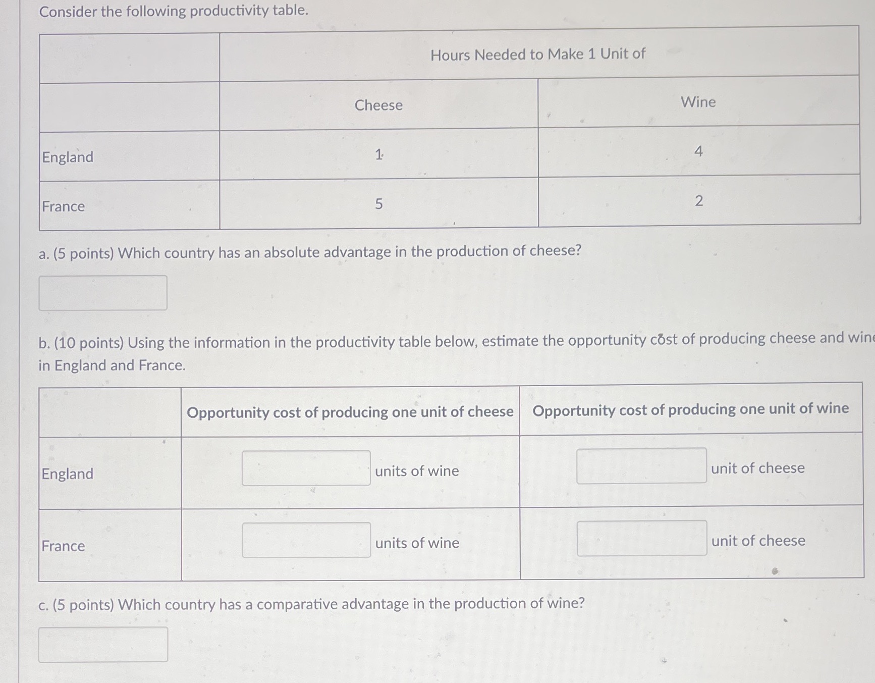  Consider the following productivity table. Hours Needed to Make 1 Unit