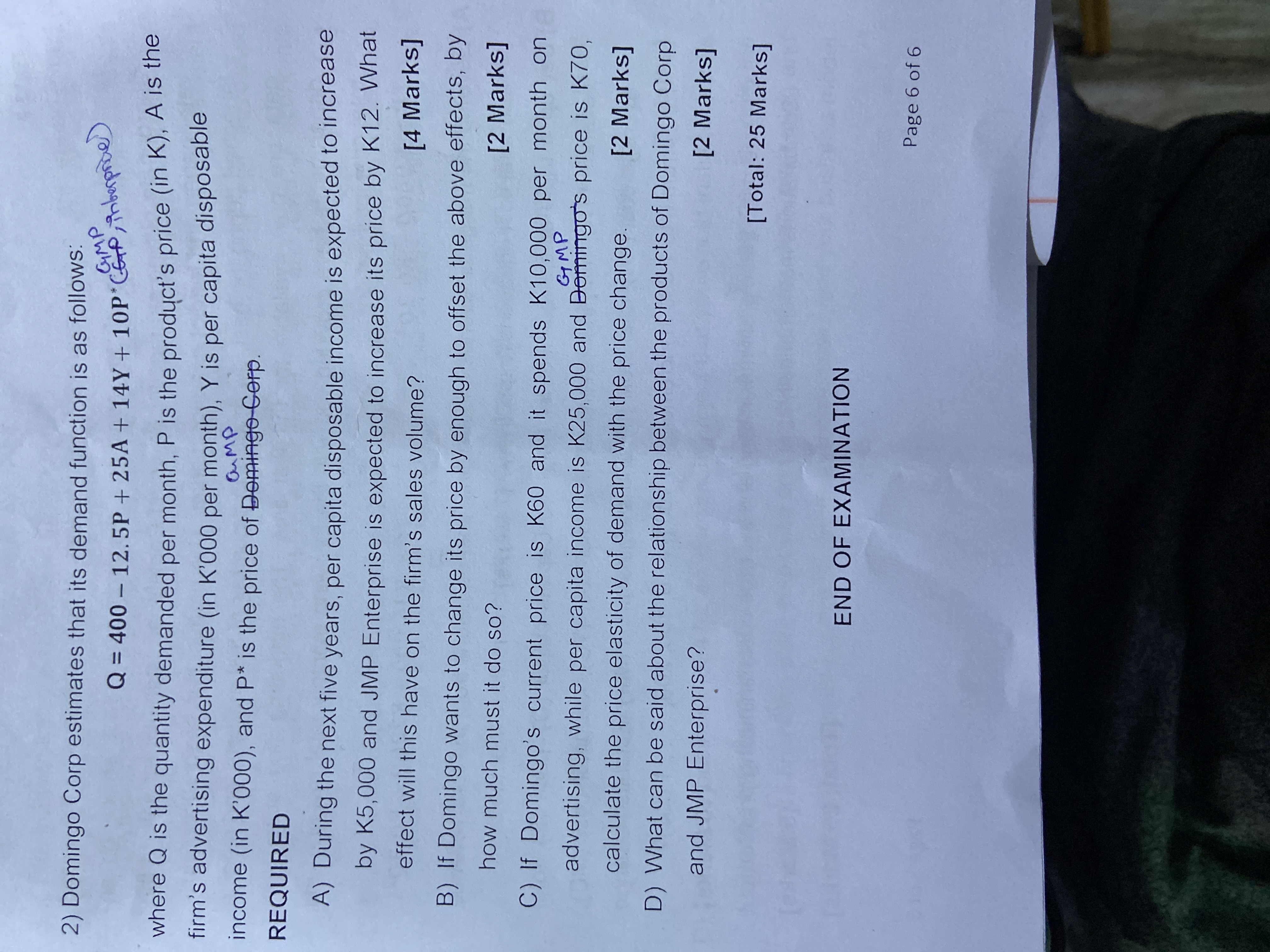  2) Domingo Corp estimates that its demand function is as follows: