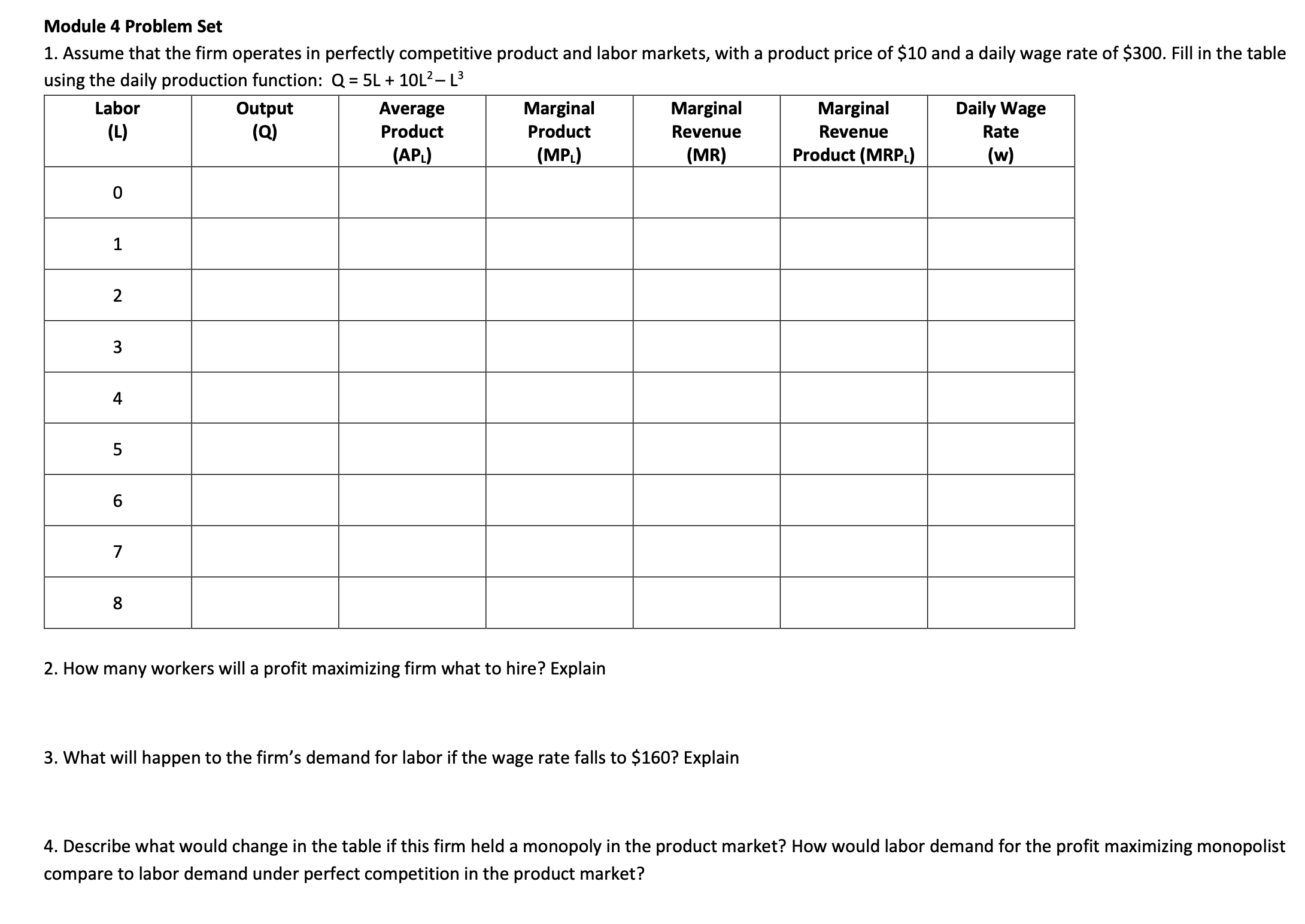  Module 4 Problem Set 1. Assume that the firm operates in
