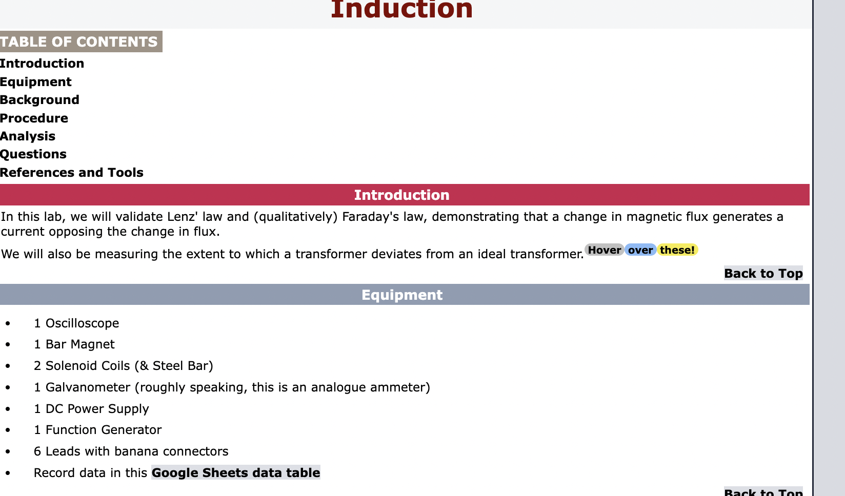 Induction Introduction Equipment Background Procedure Analysis Questions References and Tools Introduction