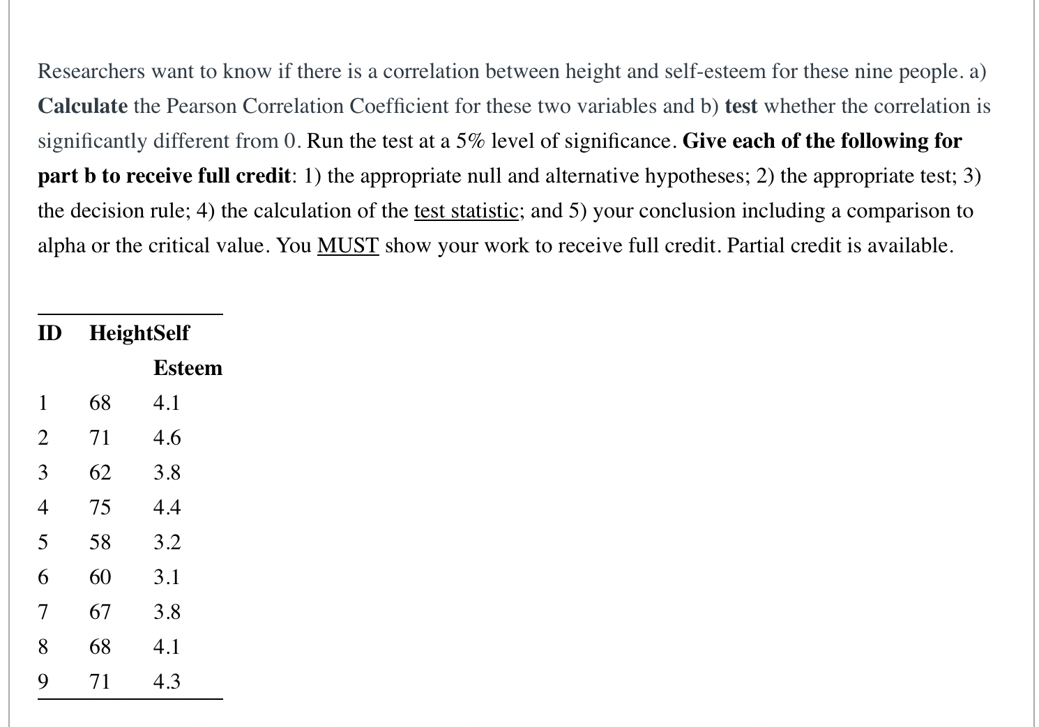 the appropriate null and alternative hypotheses; 2) the appropriate test; 3) the