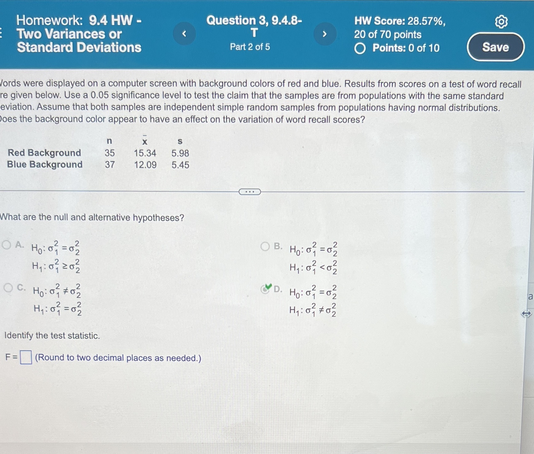 Answer the test static Homework: 9.4 HW - Question 3, 9.4.8- HW
