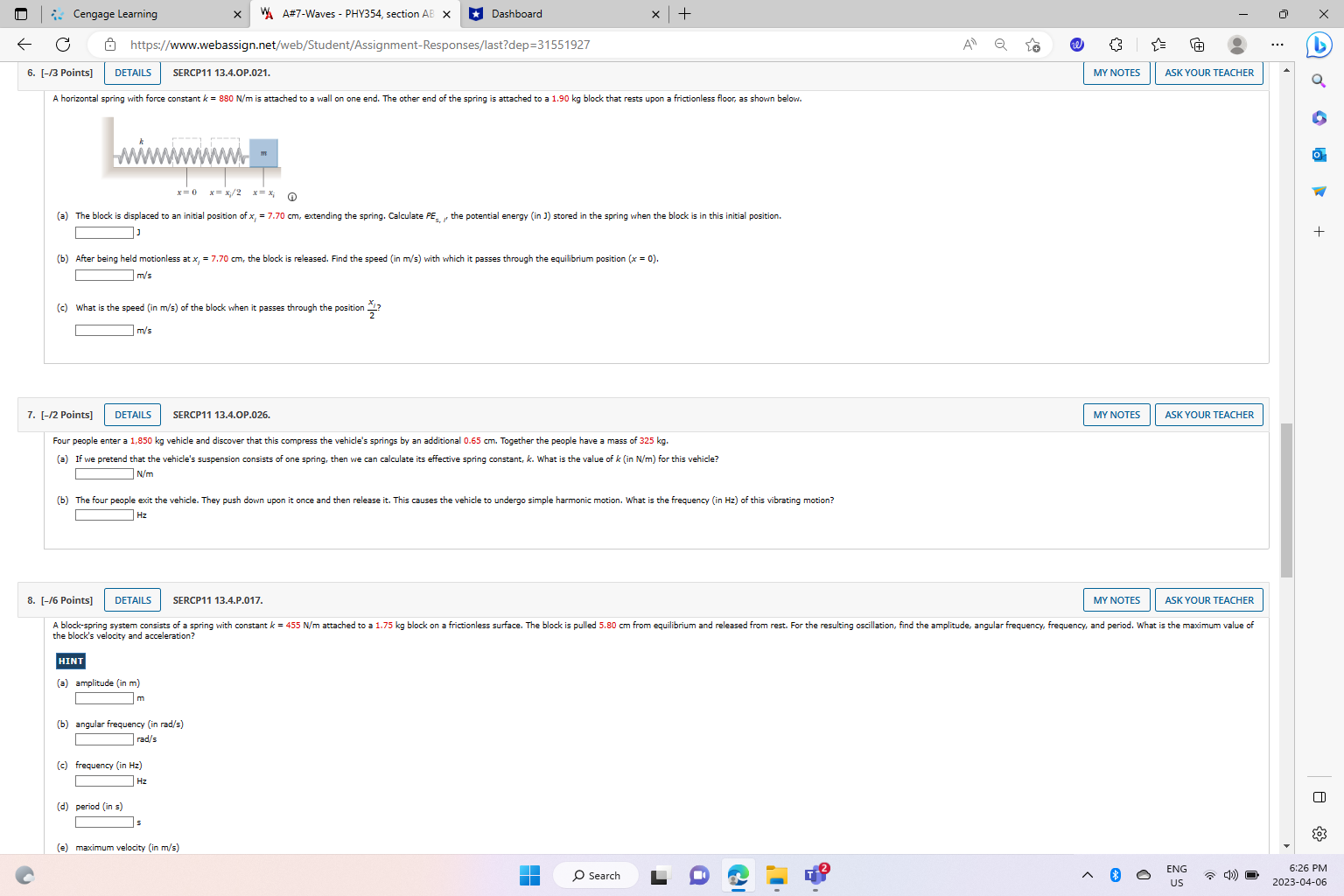 you submit answers by question parts. The number of submissions remaining for
