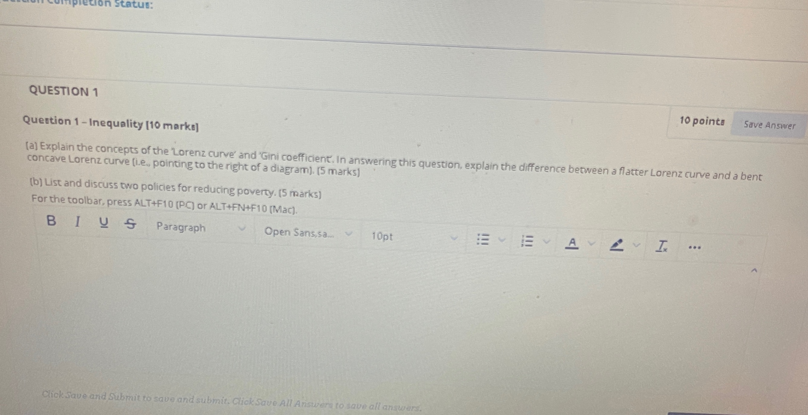  pletion status: QUESTION 1 10 points Save Answer Question 1 -