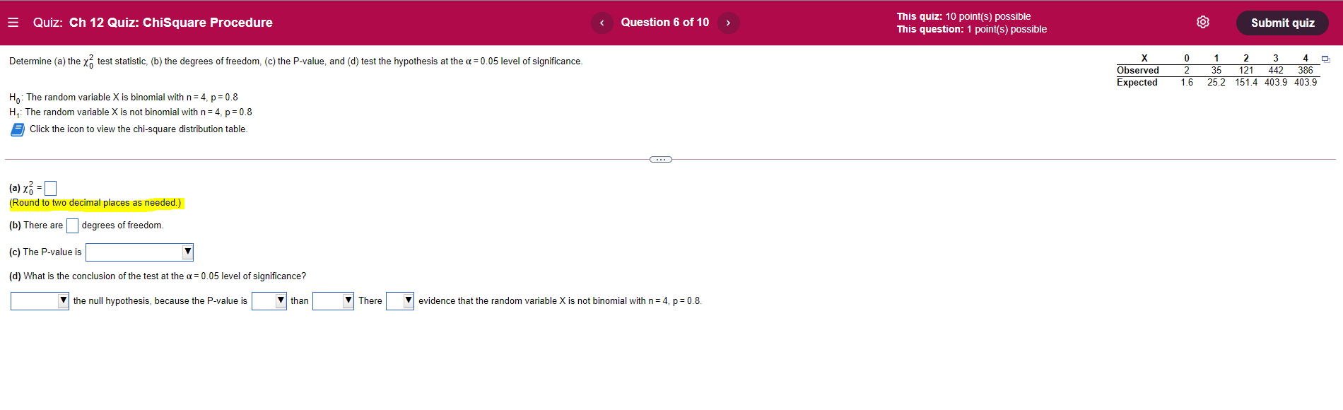 Quiz: Ch 12 Quiz: ChiSquare Procedure Determine (a) the test statistic, (b)