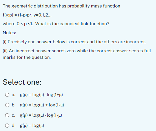 The geometric distribution has probability mass function f(y;p) = (I-p)pY, y=O,1,2... where