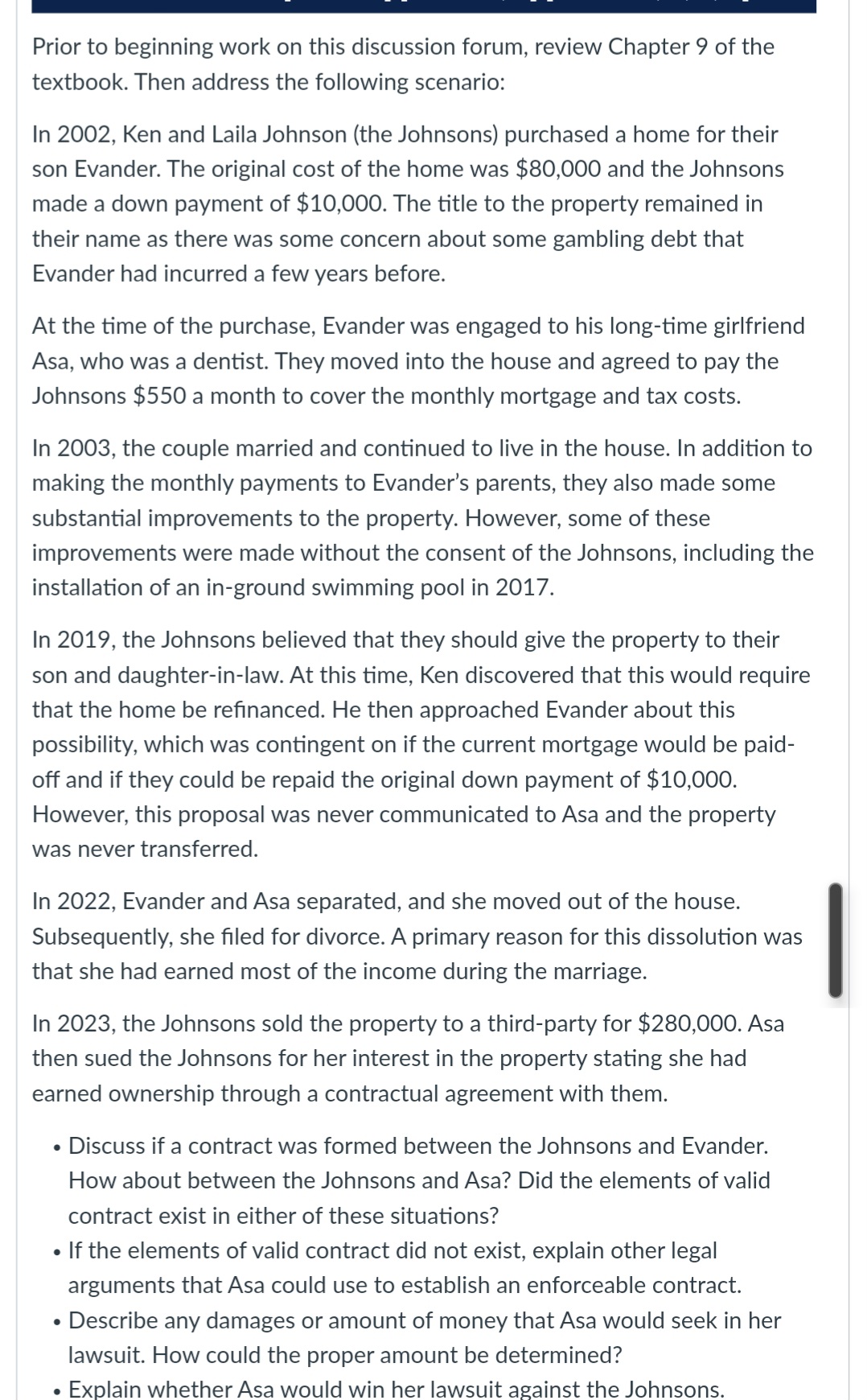 Discuss if a contract was formed between the Johnsons and Evander. How