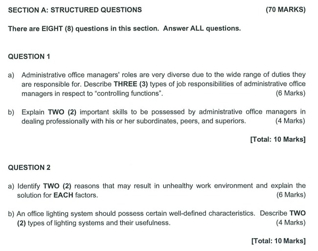 TITLE: ADMINISTRATIVE OFFICE MANAGEMENT SECTION A: STRUCTURED QUESTIONS (70 MARKS) There