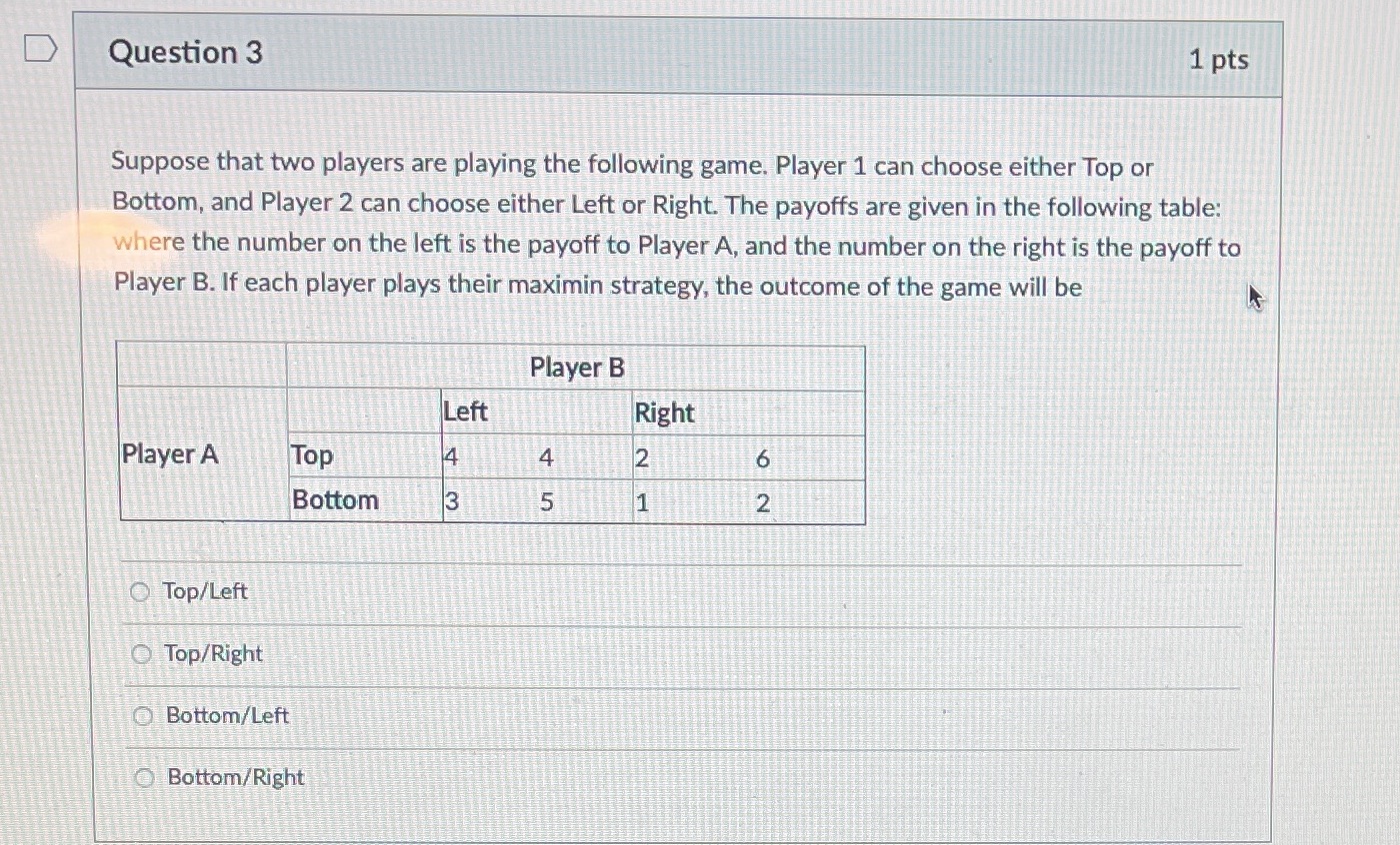  D Question 3 1 pts Suppose that two players are playing