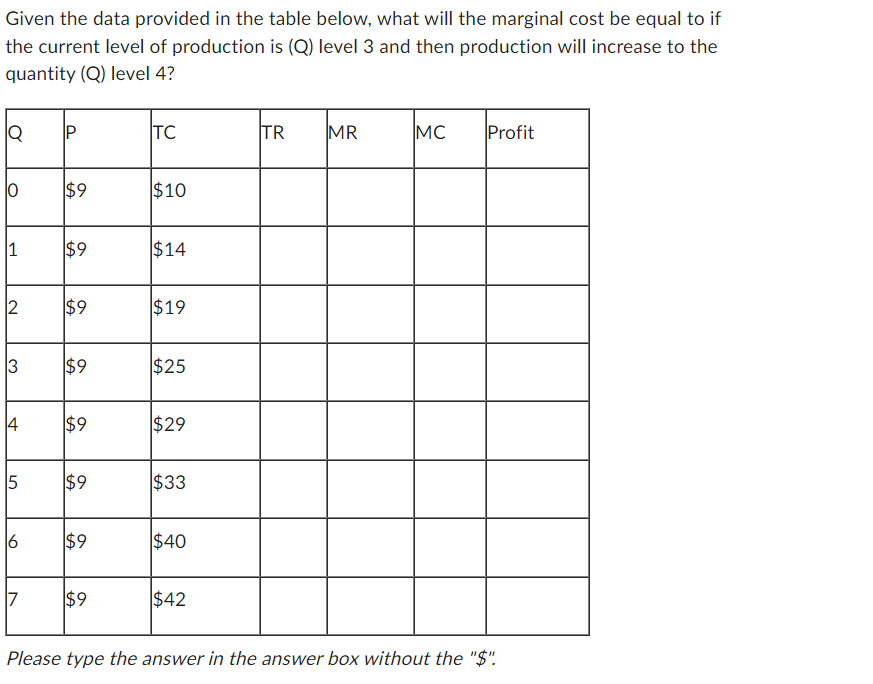 Given the data provided in the table below, what will the