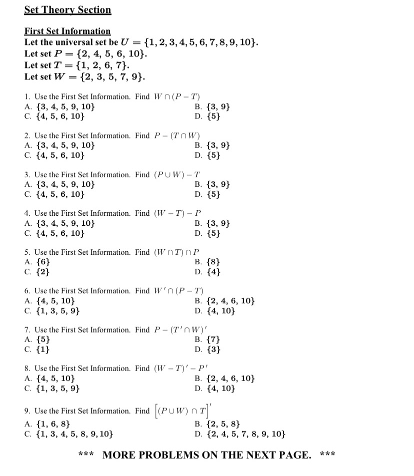 Really need all these please!!! Set Theory Section First Set Information Let