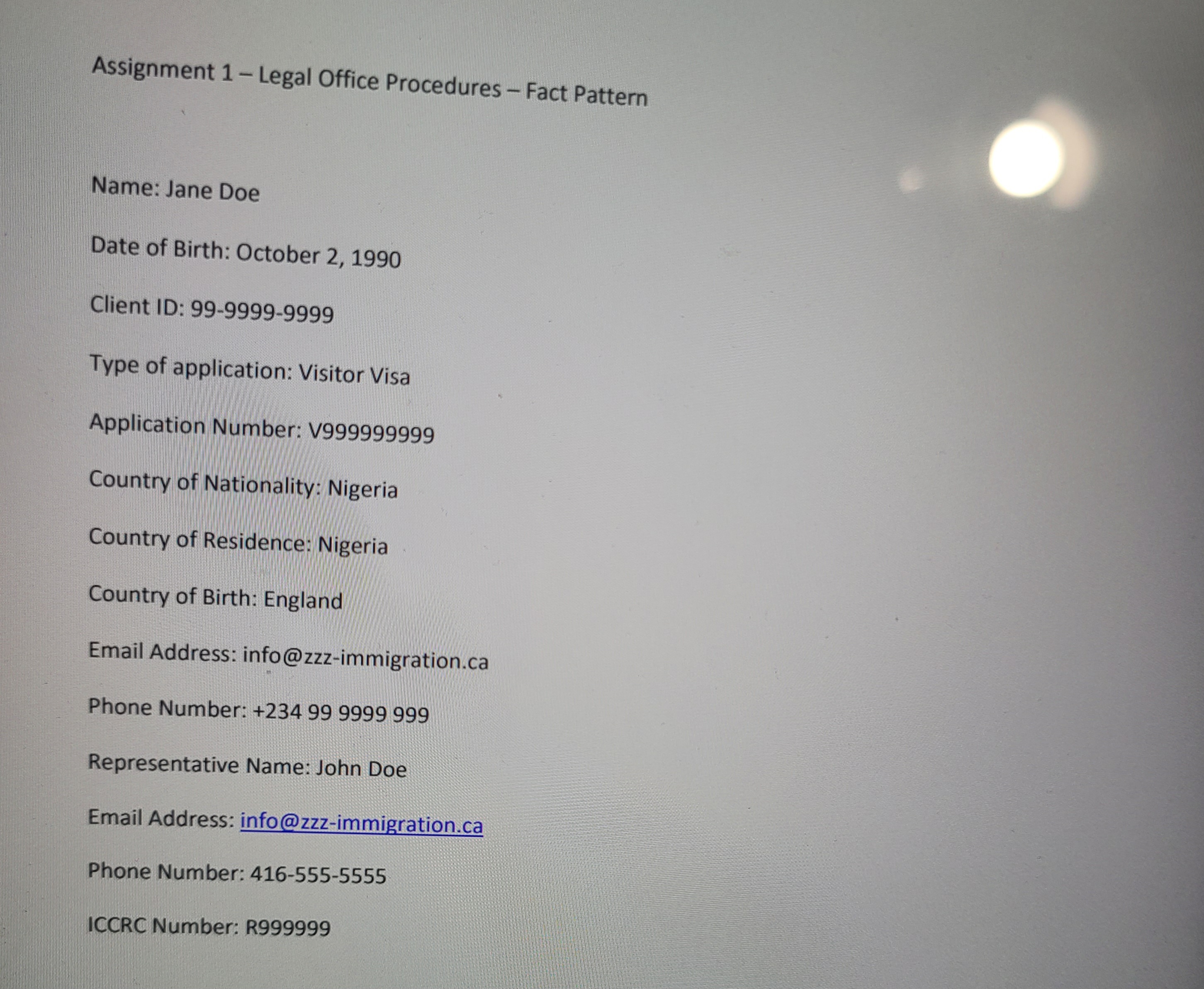 Assignment 1 - Legal Office Procedures - Fact Pattern Name: Jane