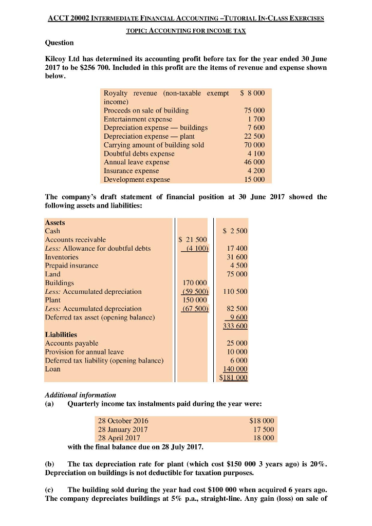 ACCT 20002 INTERMEDIATE FINANCIAL ACCOUNTING-TUTORIAL IN-CLASS EXERCISES TOPIC: ACCOUNTING FOR INCOME TAX