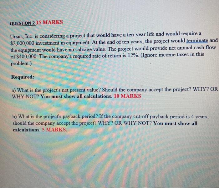 2 15 MARKS Ursus, Inc. is considering a project that would have