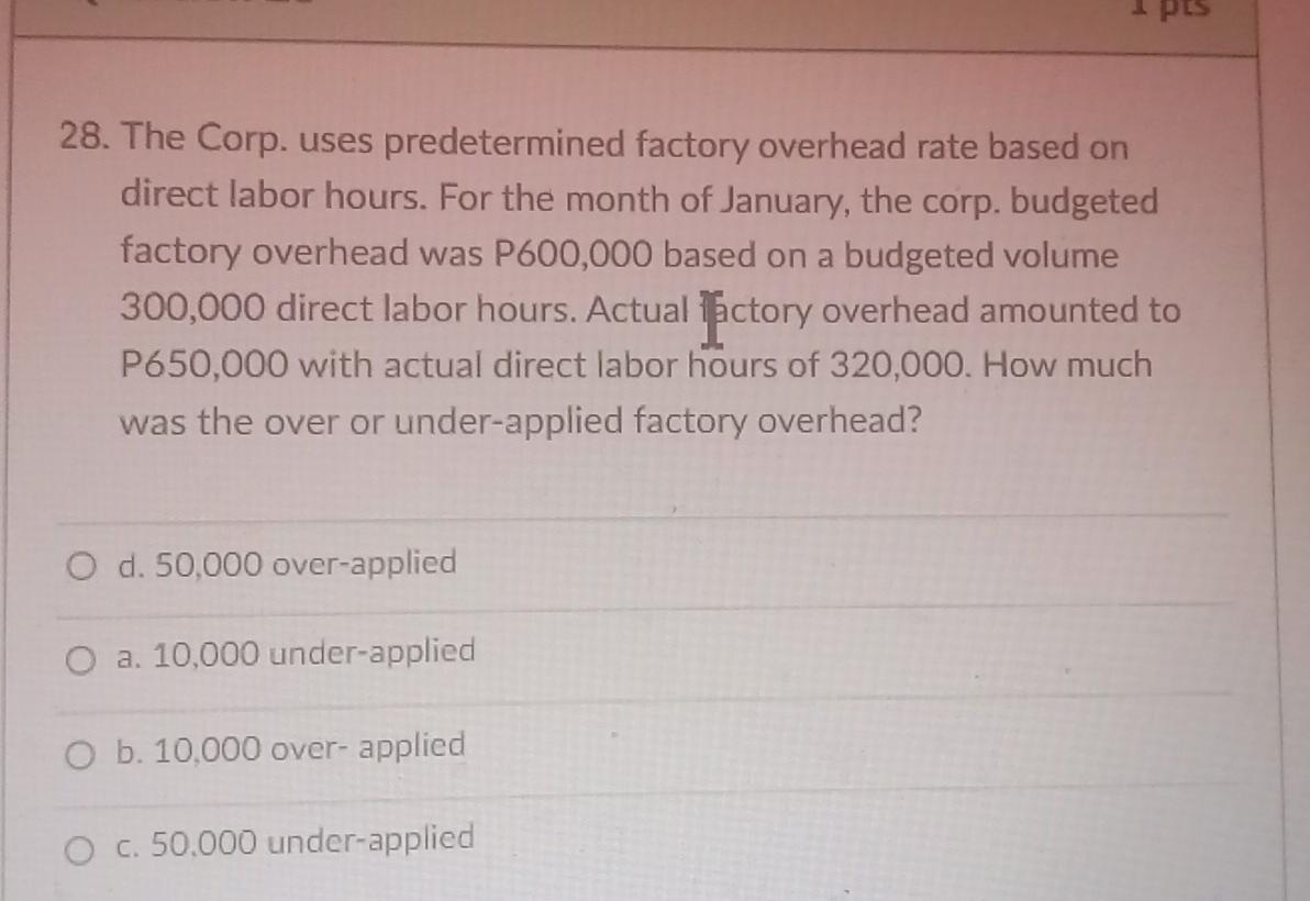 28. The Corp. uses predetermined factory overhead rate based on direct labor