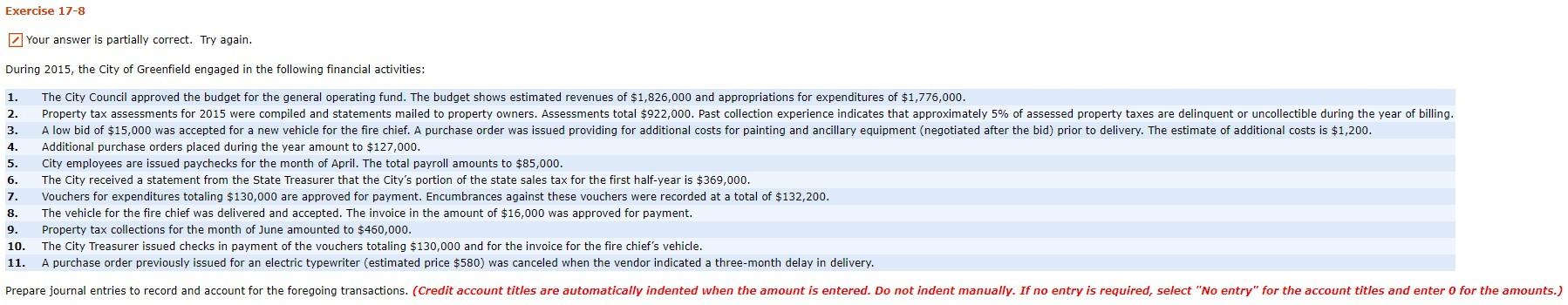 Exercise 17-8 Your answer is partially correct. Try again. During 2015, the