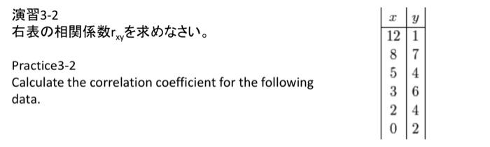 Practice3-2 Calculate the correlation coefficient for the following data. 12 8 5