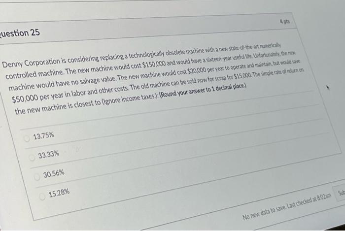 25 4 pts Denny Corporation is considering replacing a technologically obsolete machine