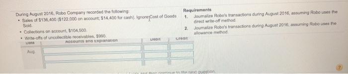 Requirements Joumalize Robo's transactions during August 2016, assuming Robo uses the direct